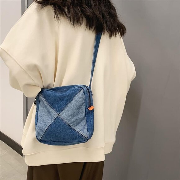 Denim Crossbody Bag for Women Girls Small Light Blue Zipper Adjustable Strap - Picture 7 of 8